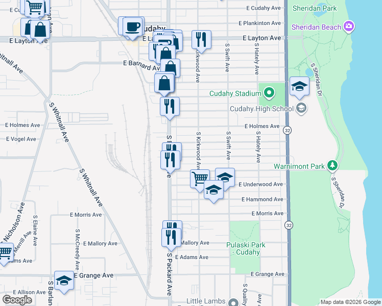 map of restaurants, bars, coffee shops, grocery stores, and more near 3667 East Martin Avenue in Cudahy