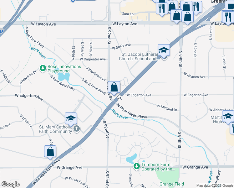 map of restaurants, bars, coffee shops, grocery stores, and more near 5070 South 92nd Street in Greenfield