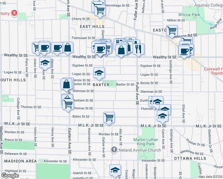 map of restaurants, bars, coffee shops, grocery stores, and more near 1052 Baxter Street Southeast in Grand Rapids