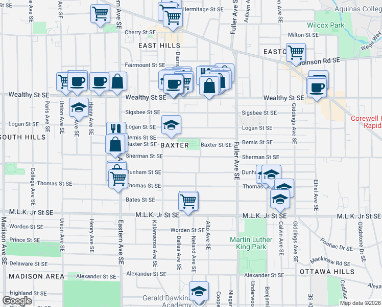 map of restaurants, bars, coffee shops, grocery stores, and more near 1012 Baxter Street Southeast in Grand Rapids