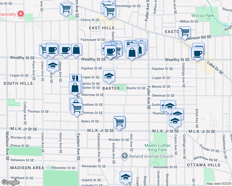 map of restaurants, bars, coffee shops, grocery stores, and more near 1012 Baxter Street Southeast in Grand Rapids