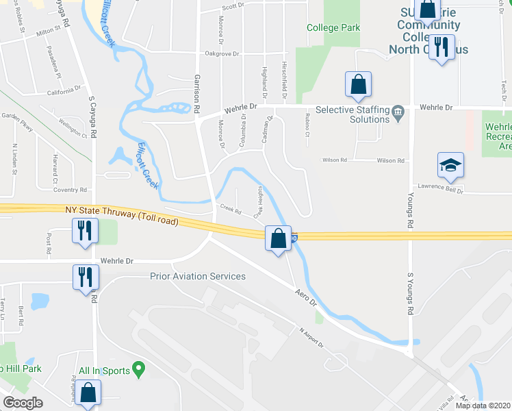 map of restaurants, bars, coffee shops, grocery stores, and more near 28 Creek Heights in Buffalo