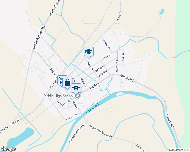 map of restaurants, bars, coffee shops, grocery stores, and more near 212 Park Street in Riddle