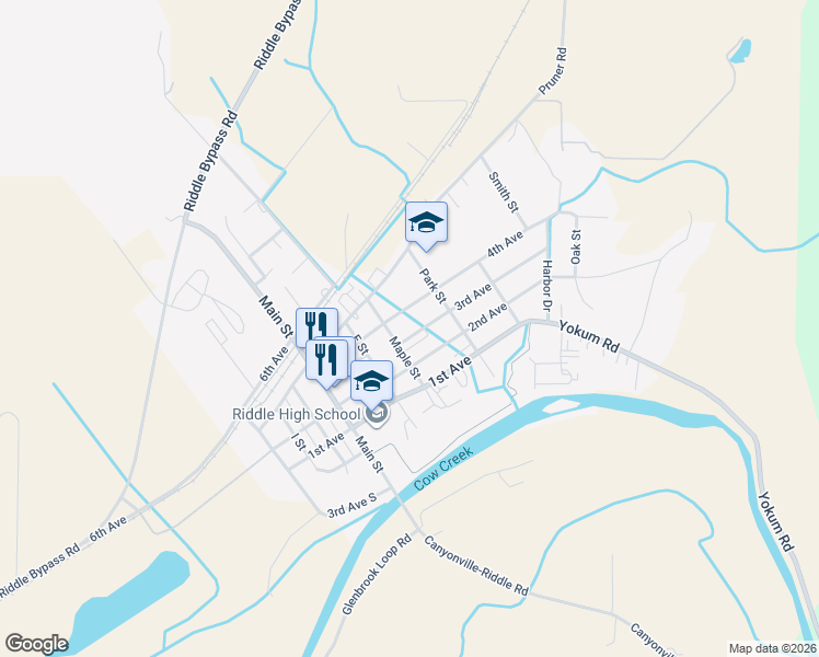 map of restaurants, bars, coffee shops, grocery stores, and more near 429 4th Avenue in Riddle