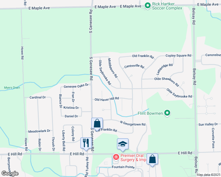 map of restaurants, bars, coffee shops, grocery stores, and more near 5185 Olde Saybrooke Road in Grand Blanc