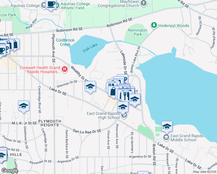 map of restaurants, bars, coffee shops, grocery stores, and more near 604 Greenwood Avenue Southeast in Grand Rapids