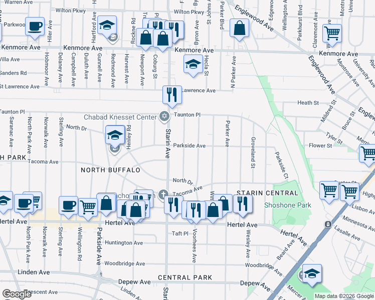 map of restaurants, bars, coffee shops, grocery stores, and more near 986 Parkside Avenue in Buffalo