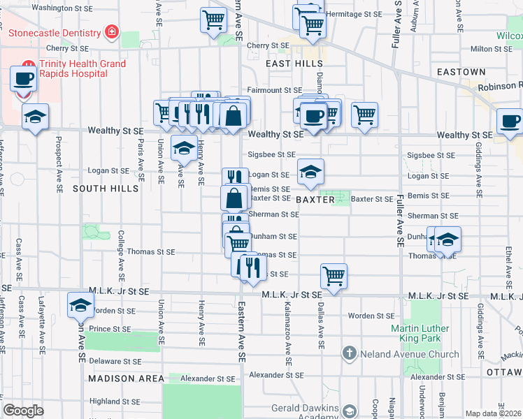 map of restaurants, bars, coffee shops, grocery stores, and more near 829 Sherman Street Southeast in Grand Rapids
