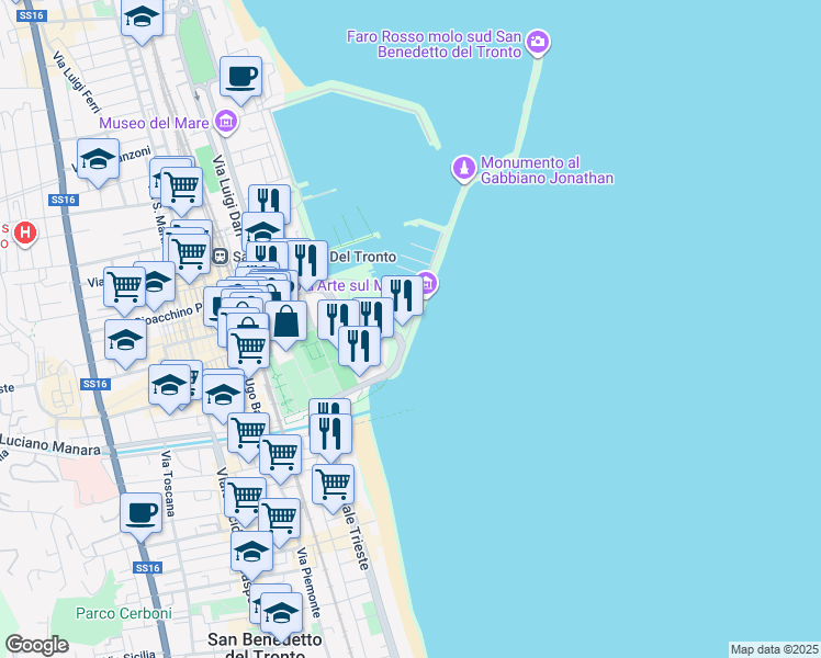 map of restaurants, bars, coffee shops, grocery stores, and more near Viale Tamerici in San Benedetto del Tronto