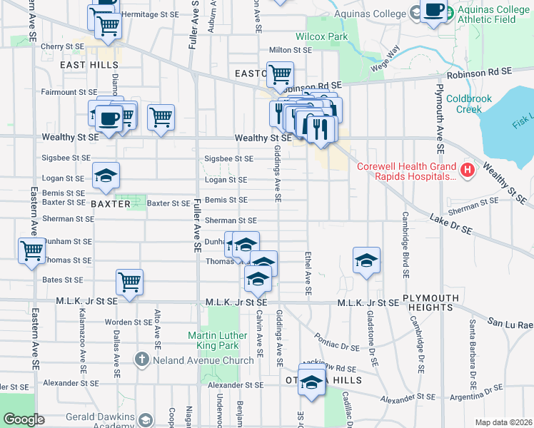 map of restaurants, bars, coffee shops, grocery stores, and more near 1345 Sherman Street Southeast in Grand Rapids