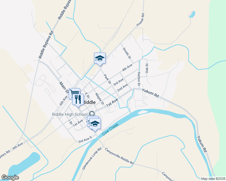 map of restaurants, bars, coffee shops, grocery stores, and more near 486 3rd Avenue in Riddle