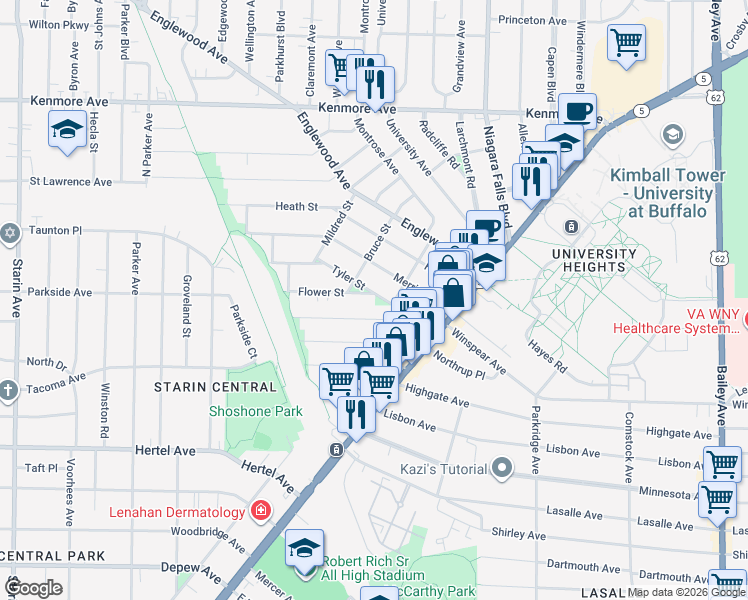map of restaurants, bars, coffee shops, grocery stores, and more near 41 Tyler Street in Buffalo
