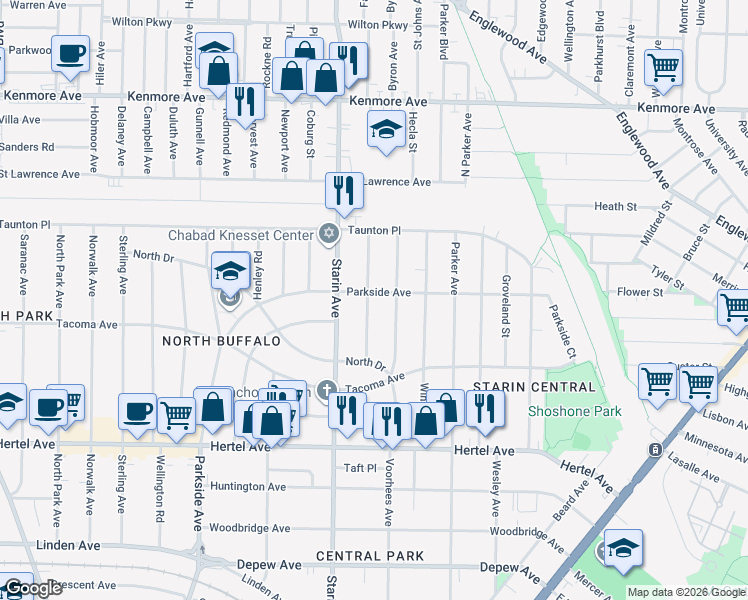 map of restaurants, bars, coffee shops, grocery stores, and more near 949 Parkside Avenue in Buffalo