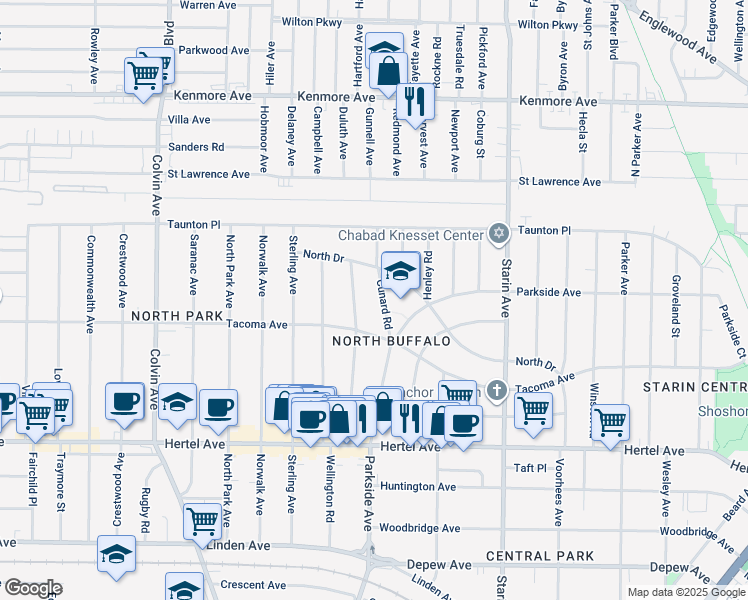 map of restaurants, bars, coffee shops, grocery stores, and more near 50 Cunard Road in Buffalo