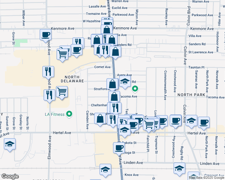 map of restaurants, bars, coffee shops, grocery stores, and more near 125 Stratford Road in Buffalo