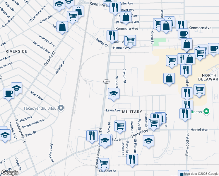 map of restaurants, bars, coffee shops, grocery stores, and more near 573 Military Road in Buffalo