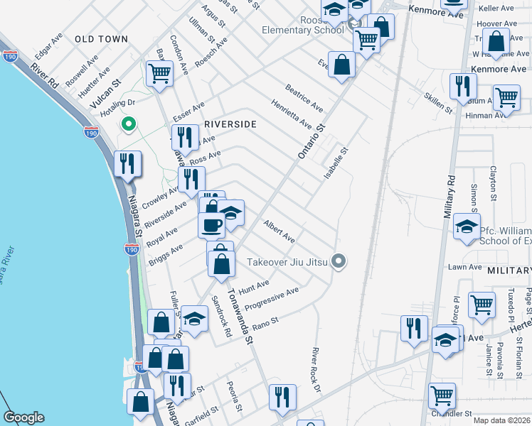 map of restaurants, bars, coffee shops, grocery stores, and more near 284 Ontario Street in Buffalo