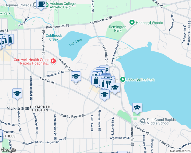 map of restaurants, bars, coffee shops, grocery stores, and more near 546 Lovett Avenue Southeast in East Grand Rapids