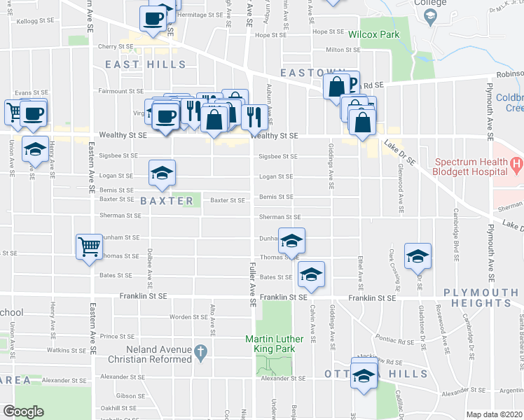 map of restaurants, bars, coffee shops, grocery stores, and more near 1200 Bemis Street Southeast in Grand Rapids