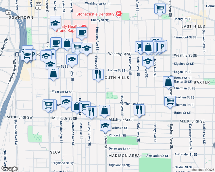 map of restaurants, bars, coffee shops, grocery stores, and more near 558 Madison Avenue Southeast in Grand Rapids
