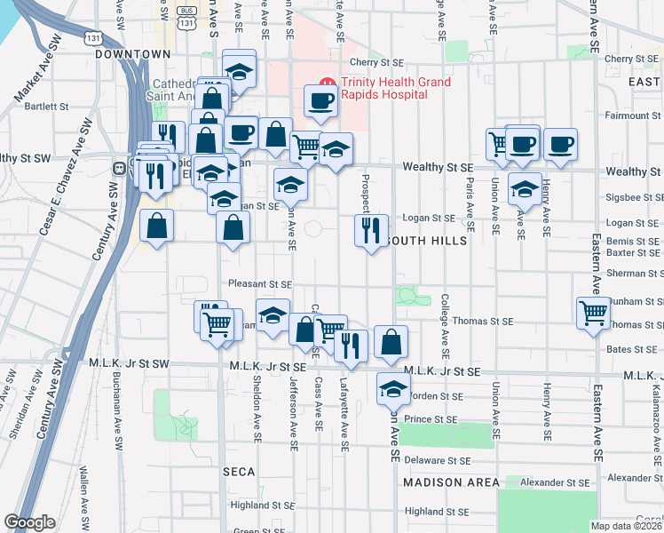 map of restaurants, bars, coffee shops, grocery stores, and more near 549 Lafayette Avenue Southeast in Grand Rapids