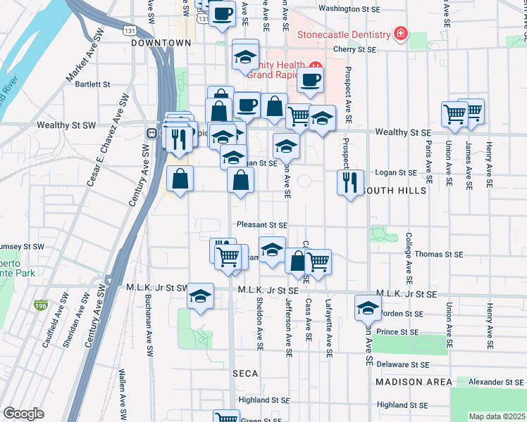 map of restaurants, bars, coffee shops, grocery stores, and more near 570 Thompson Court in Grand Rapids