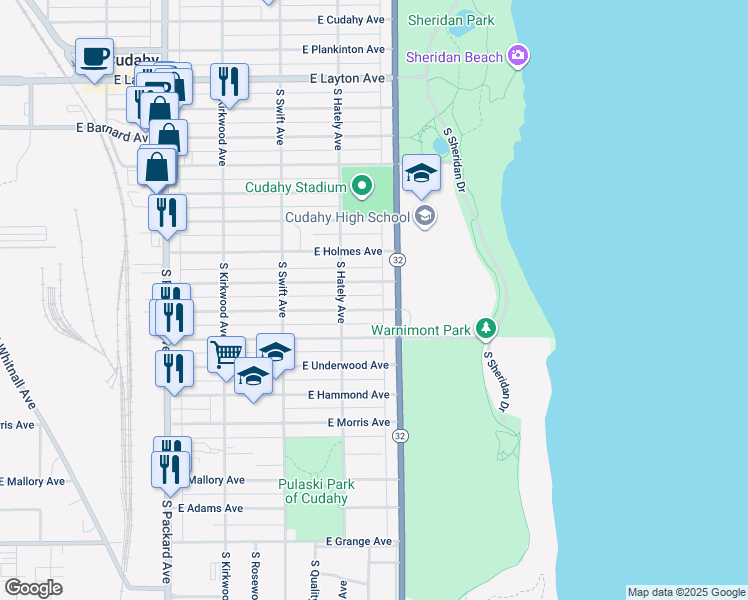 map of restaurants, bars, coffee shops, grocery stores, and more near 5051 South Lake Drive in Cudahy