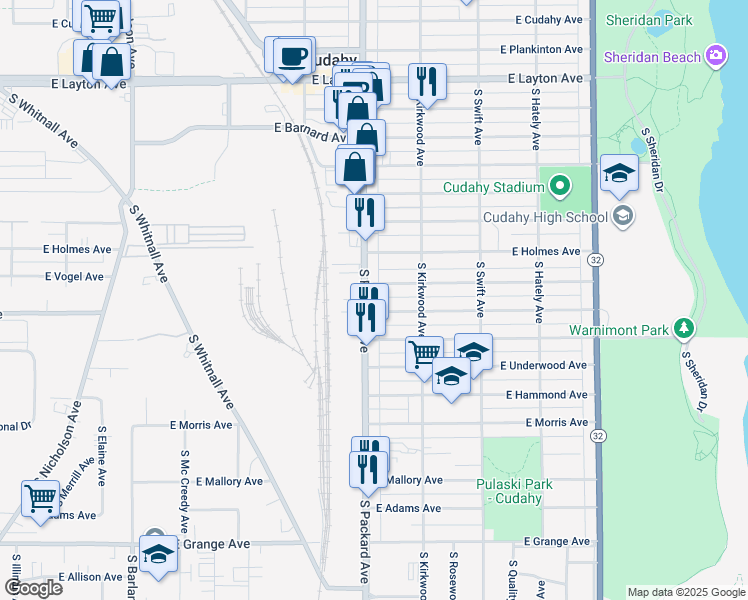 map of restaurants, bars, coffee shops, grocery stores, and more near 5048 South Packard Avenue in Cudahy