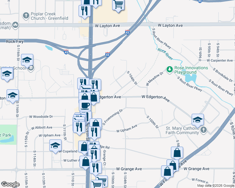 map of restaurants, bars, coffee shops, grocery stores, and more near 10511 West Spring Green Road in Greenfield