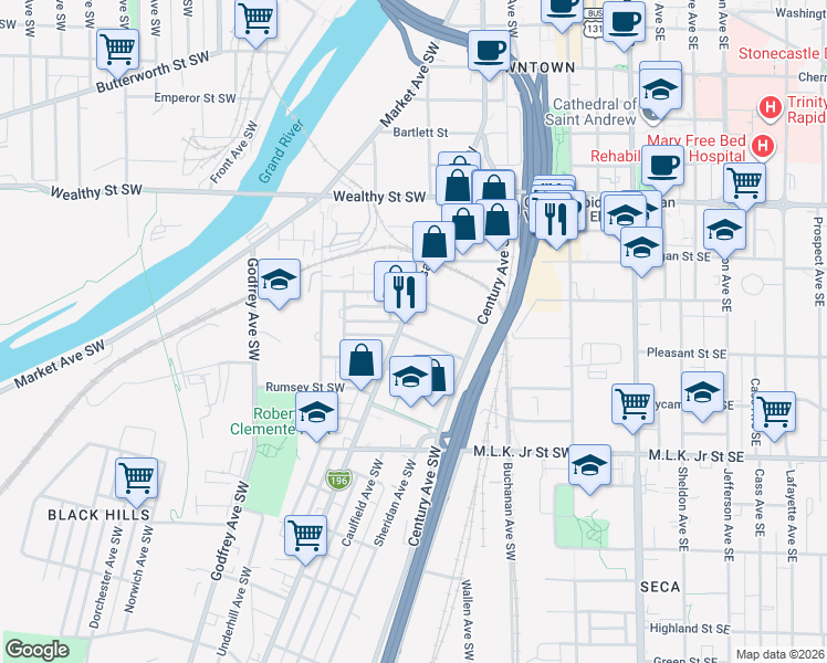 map of restaurants, bars, coffee shops, grocery stores, and more near 542 Grandville Avenue Southwest in Grand Rapids