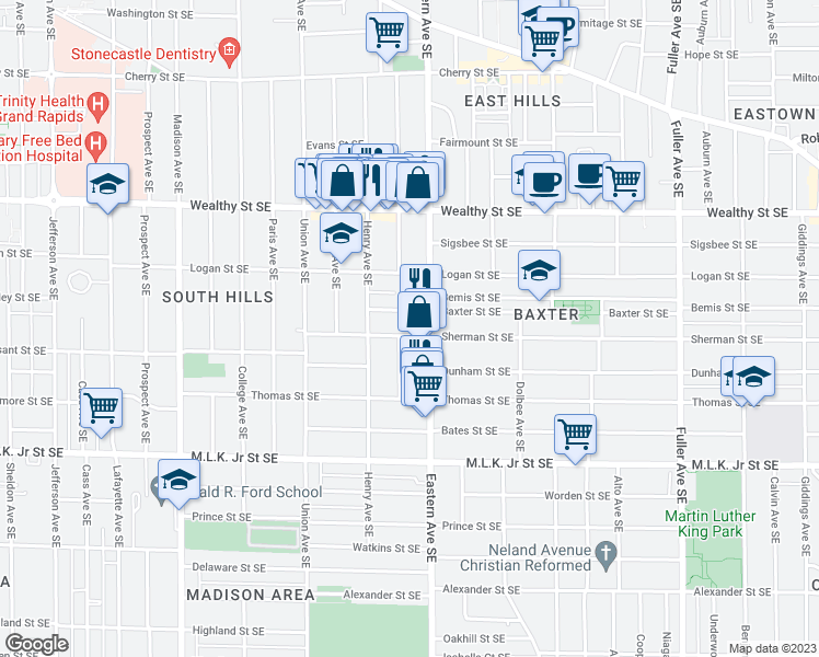 map of restaurants, bars, coffee shops, grocery stores, and more near 741 Sherman Street Southeast in Grand Rapids