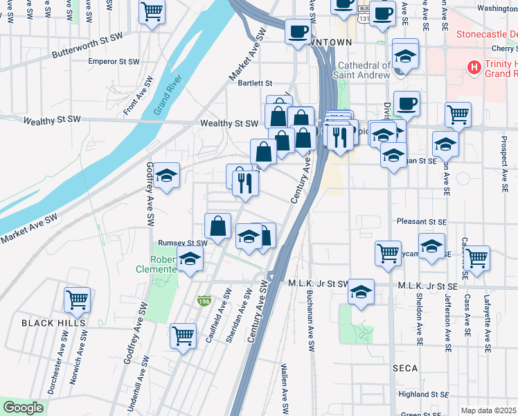 map of restaurants, bars, coffee shops, grocery stores, and more near 542 Grandville Avenue Southwest in Grand Rapids