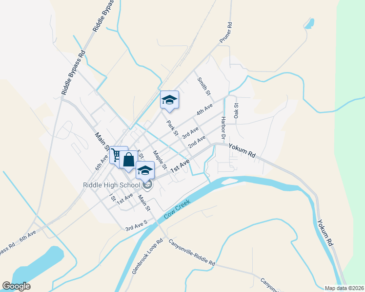 map of restaurants, bars, coffee shops, grocery stores, and more near 212 Park Street in Riddle