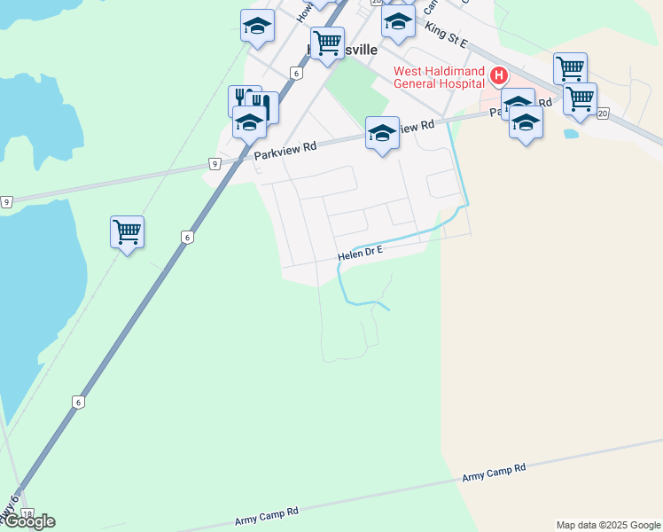 map of restaurants, bars, coffee shops, grocery stores, and more near 5 Helen Drive East in Hagersville