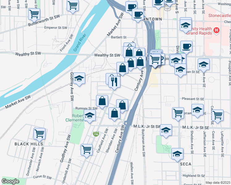 map of restaurants, bars, coffee shops, grocery stores, and more near 571 Grandville Avenue Southwest in Grand Rapids