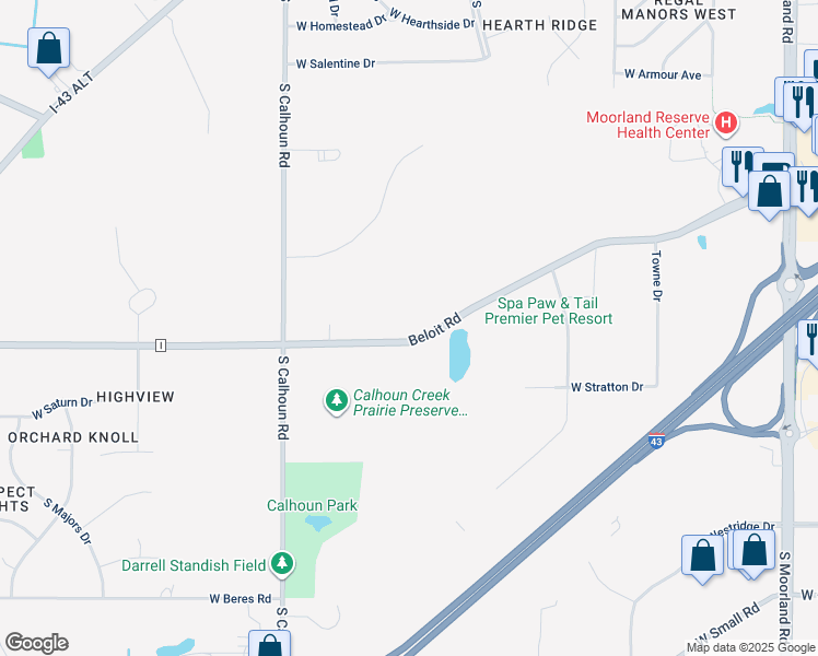 map of restaurants, bars, coffee shops, grocery stores, and more near 16800 Beloit Road in New Berlin
