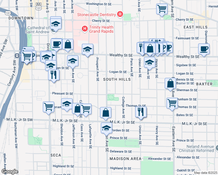 map of restaurants, bars, coffee shops, grocery stores, and more near 558 Madison Avenue Southeast in Grand Rapids