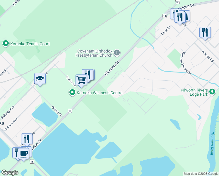 map of restaurants, bars, coffee shops, grocery stores, and more near 383 Daventry Way in Komoka