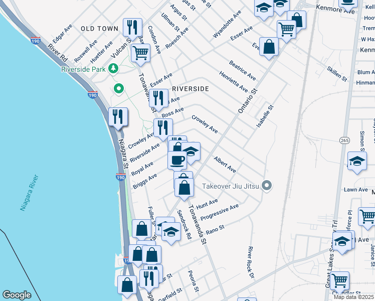 map of restaurants, bars, coffee shops, grocery stores, and more near 181 Royal Avenue in Buffalo