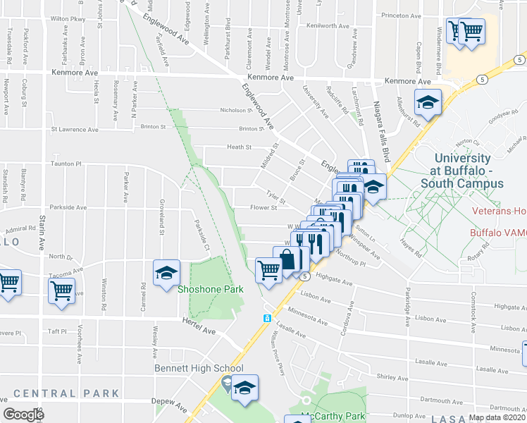 map of restaurants, bars, coffee shops, grocery stores, and more near 50 Flower Street in Buffalo