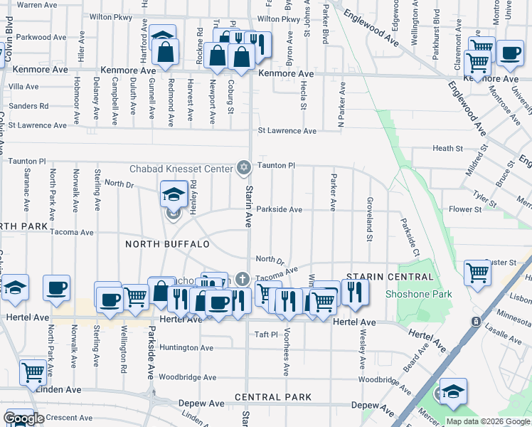 map of restaurants, bars, coffee shops, grocery stores, and more near 949 Parkside Avenue in Buffalo