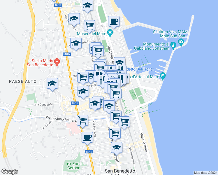 map of restaurants, bars, coffee shops, grocery stores, and more near 11 Via Raffaello Sanzio in San Benedetto del Tronto