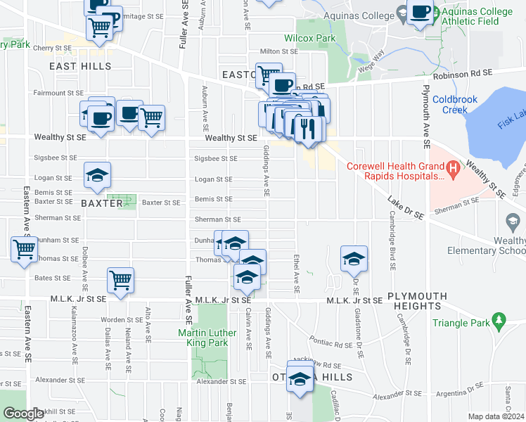 map of restaurants, bars, coffee shops, grocery stores, and more near 549 Giddings Avenue Southeast in Grand Rapids