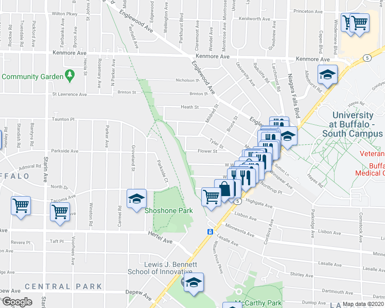 map of restaurants, bars, coffee shops, grocery stores, and more near 82 Flower Street in Buffalo