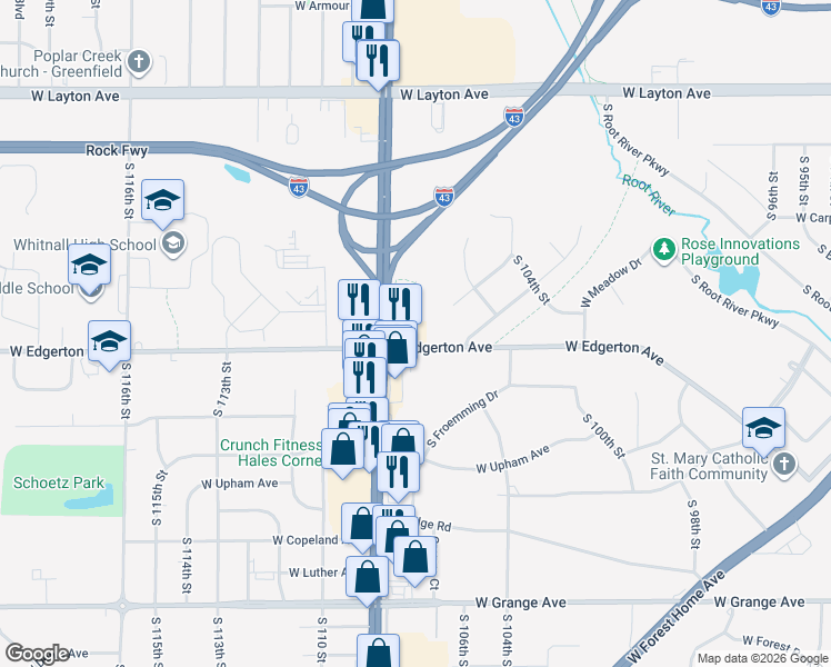 map of restaurants, bars, coffee shops, grocery stores, and more near 5020 South 107th Street in Greenfield