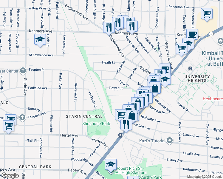map of restaurants, bars, coffee shops, grocery stores, and more near 65 Flower Street in Buffalo