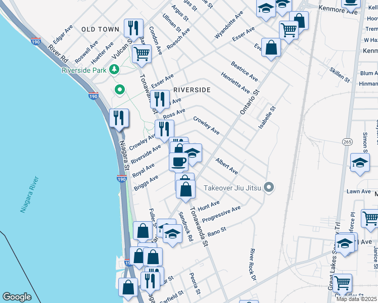 map of restaurants, bars, coffee shops, grocery stores, and more near 181 Royal Avenue in Buffalo