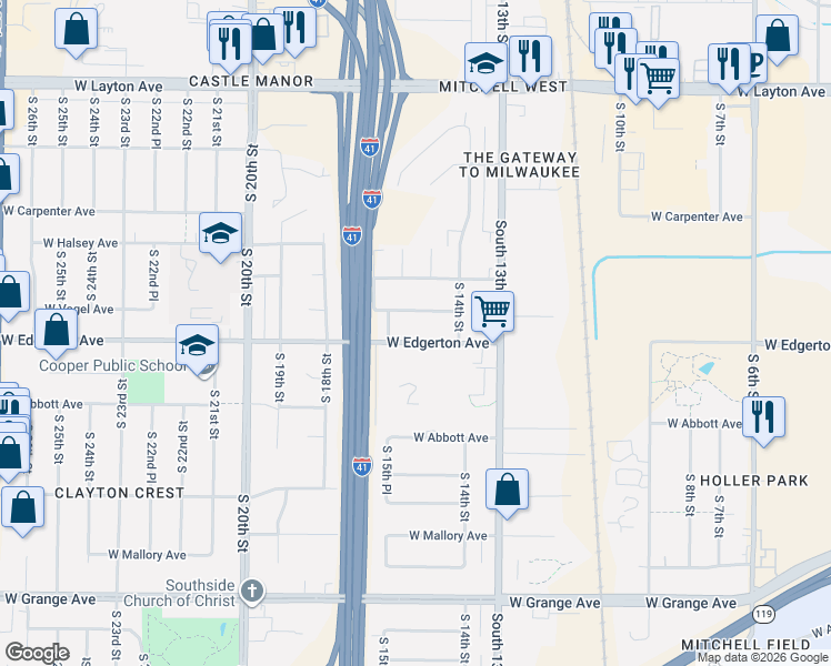 map of restaurants, bars, coffee shops, grocery stores, and more near 1534 West Edgerton Avenue in Milwaukee