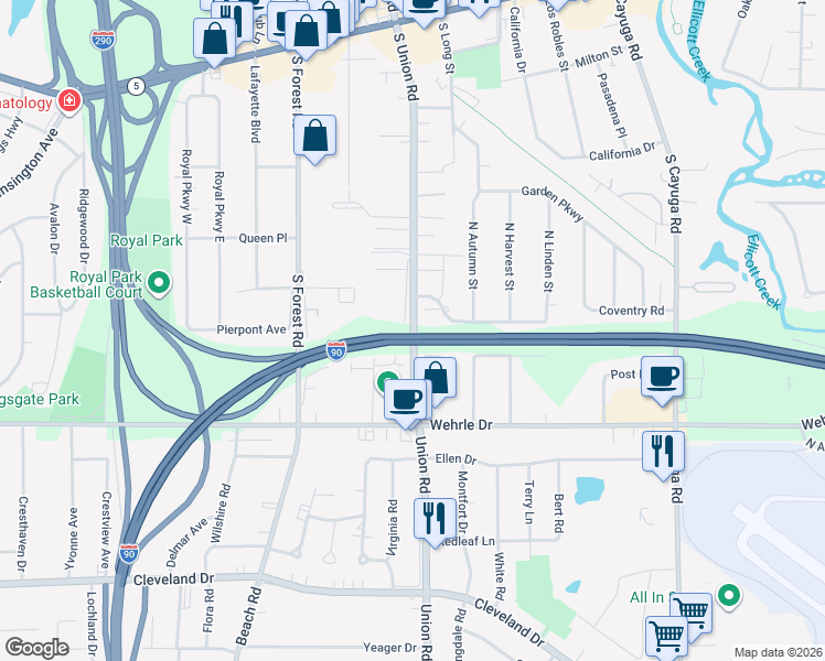 map of restaurants, bars, coffee shops, grocery stores, and more near 231 South Union Road in Buffalo