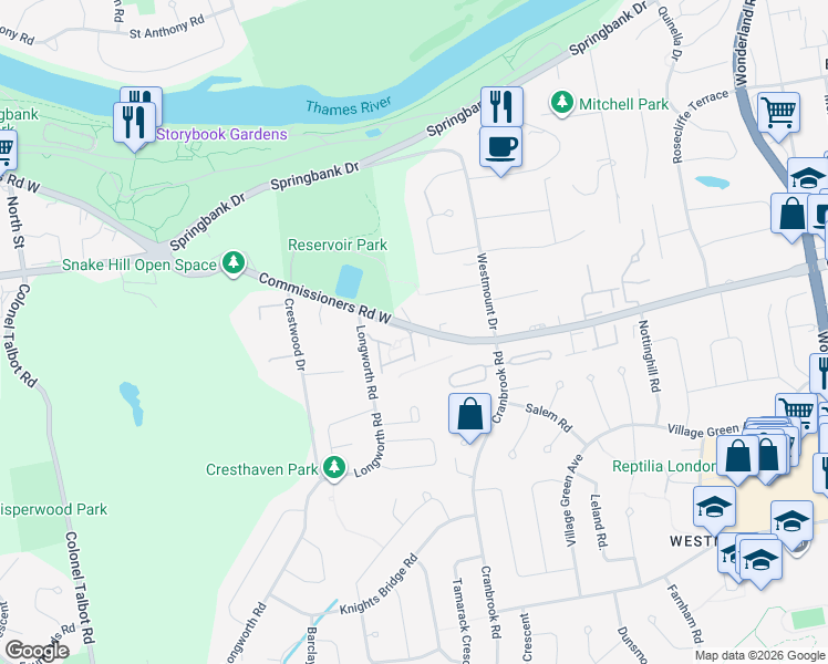 map of restaurants, bars, coffee shops, grocery stores, and more near 800 Commissioners Road West in London
